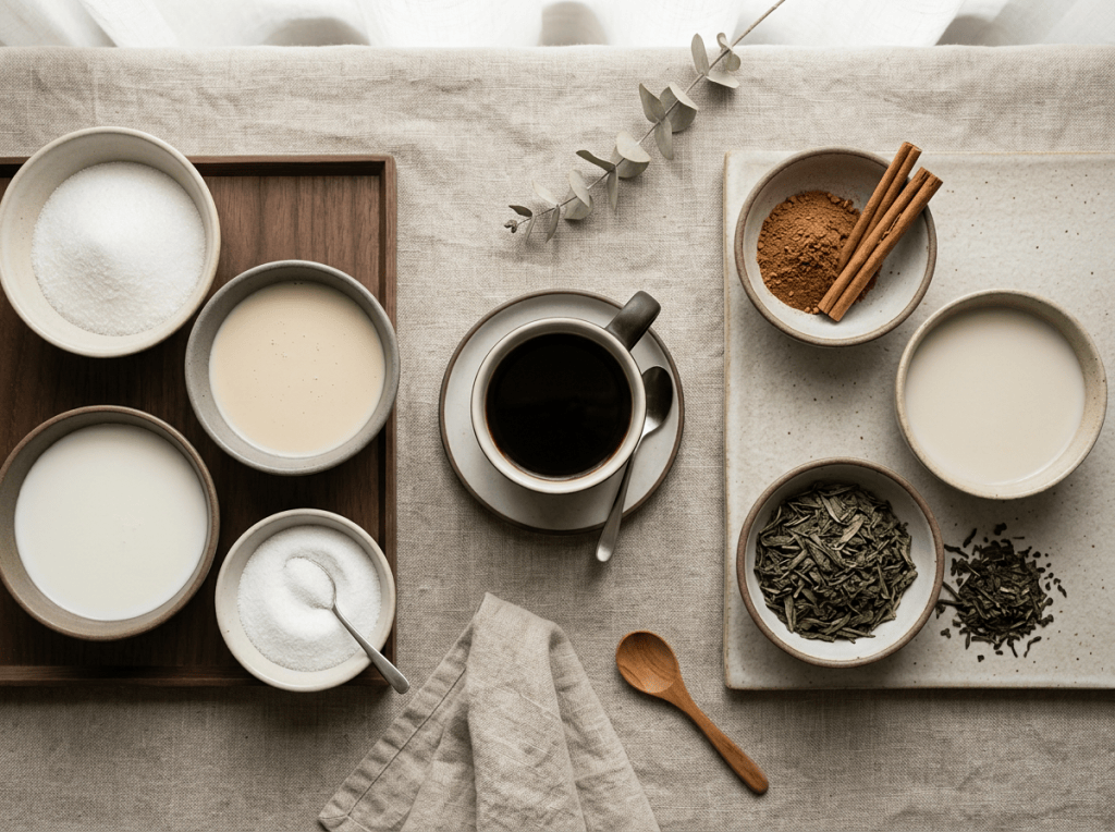 Overhead arrangement of coffee, tea, milk, sugar, cinnamon, and spoons