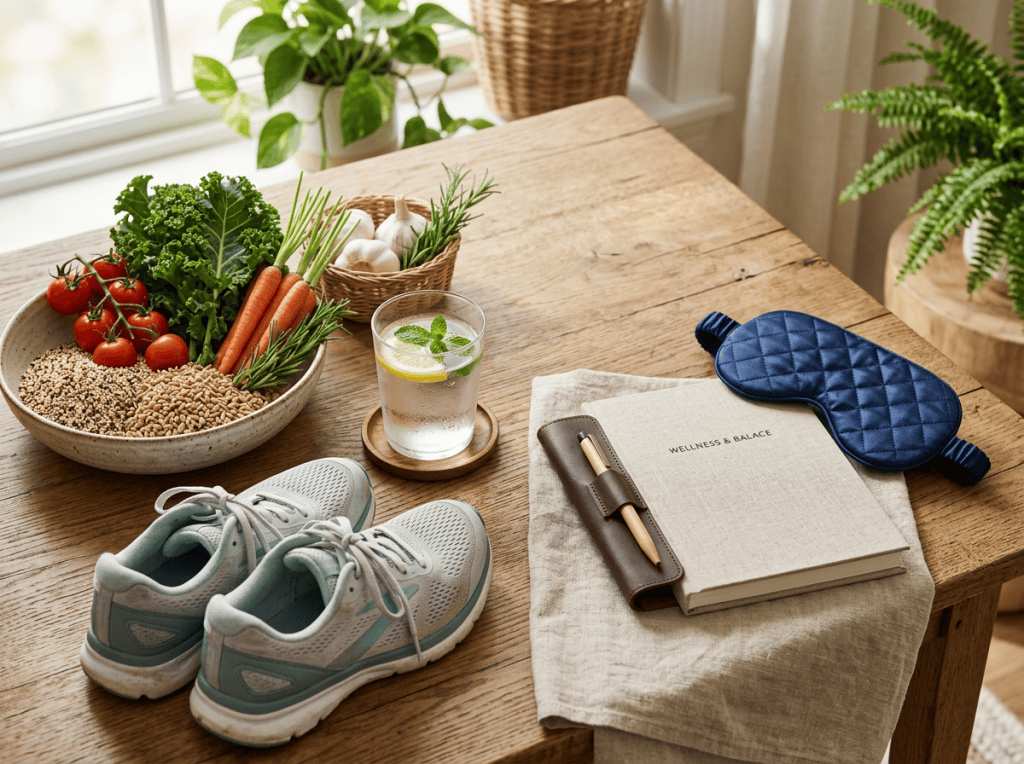 Fresh vegetables, running shoes, wellness journal, water, and sleep mask on table