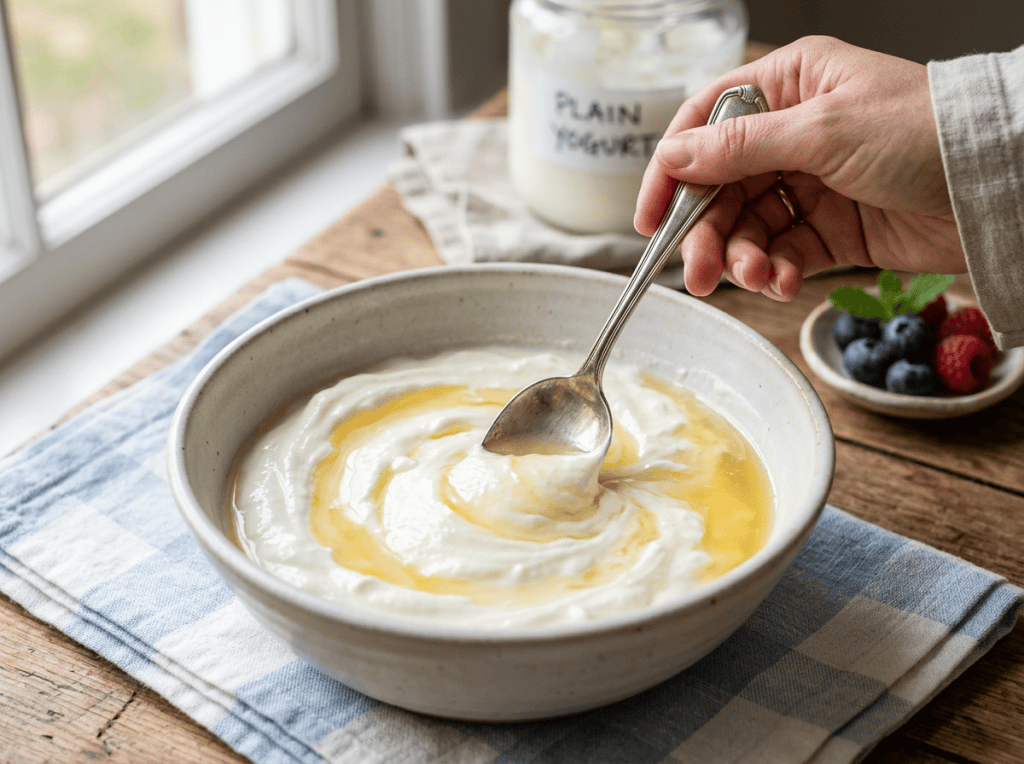 Hand stirring honey into plain yogurt with a spoon