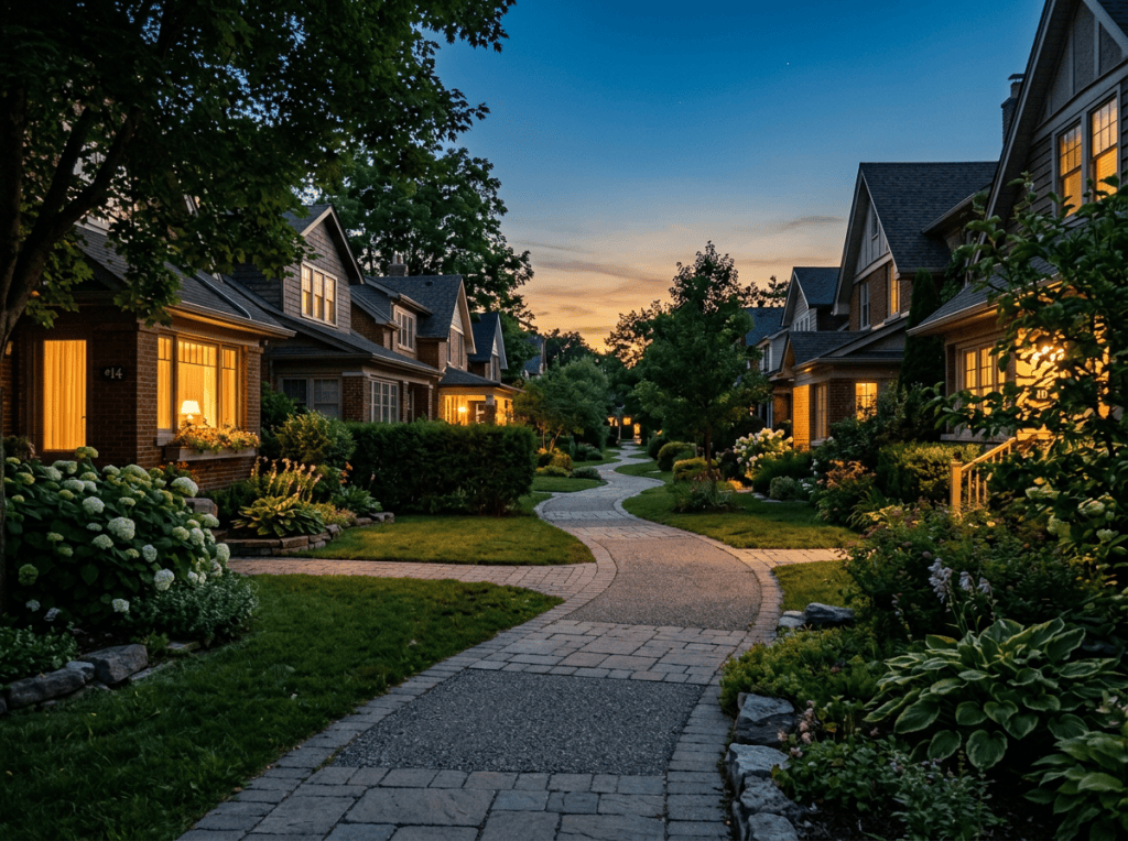 Winding paved path between warmly lit homes at dusk