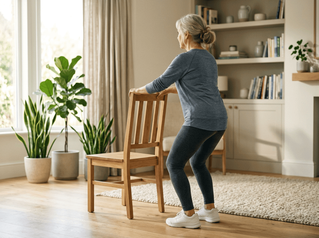 Older woman performing a chair-assisted squat in a living room