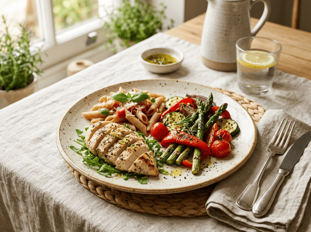 Plate of grilled chicken, pasta, and roasted vegetables beside lemon water