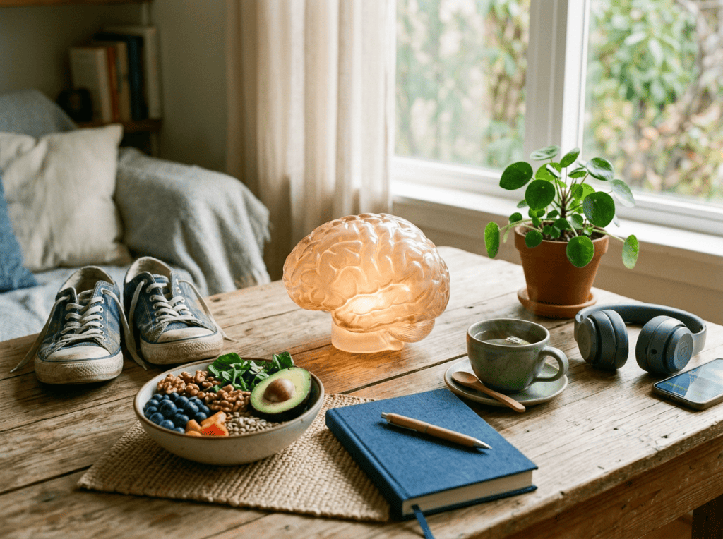 Sunlit table with healthy breakfast, notebook, headphones, sneakers, plant, and brain-shaped lamp