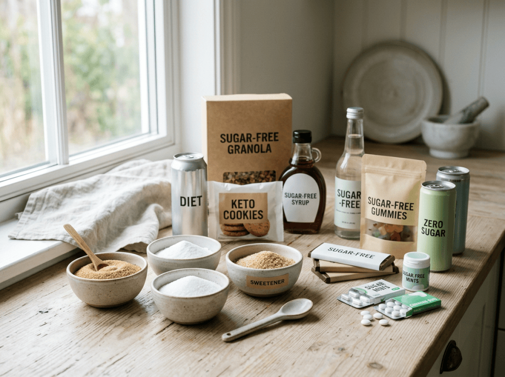 Assorted sugar substitutes and sugar-free foods