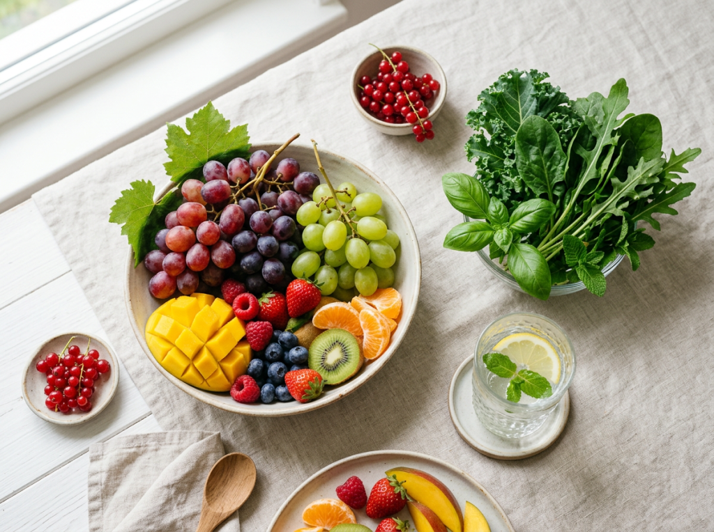 Bowl of assorted fruit beside leafy greens and mint water