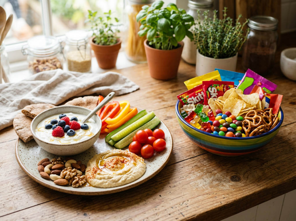 Plate of yogurt, hummus, fruit, vegetables, nuts, and colorful packaged snacks