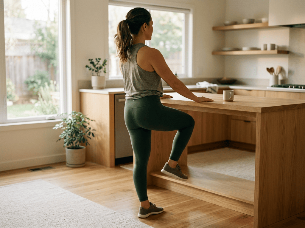 Woman performing a step-up exercise beside a kitchen island