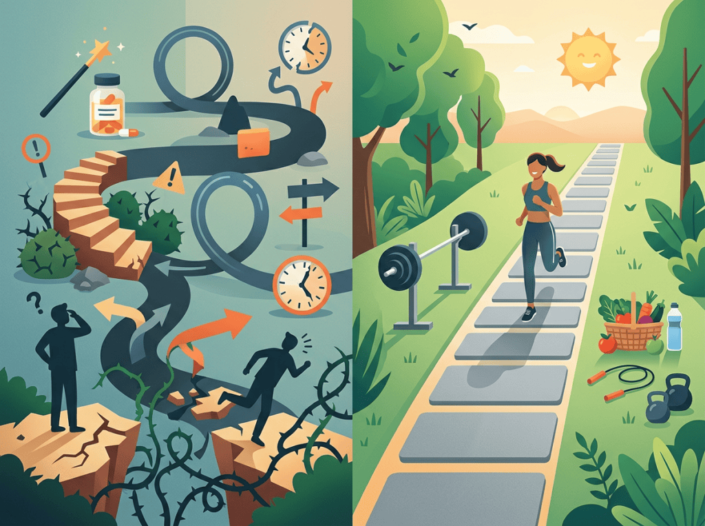 Split illustration contrasting health obstacles with exercise and nutritious living