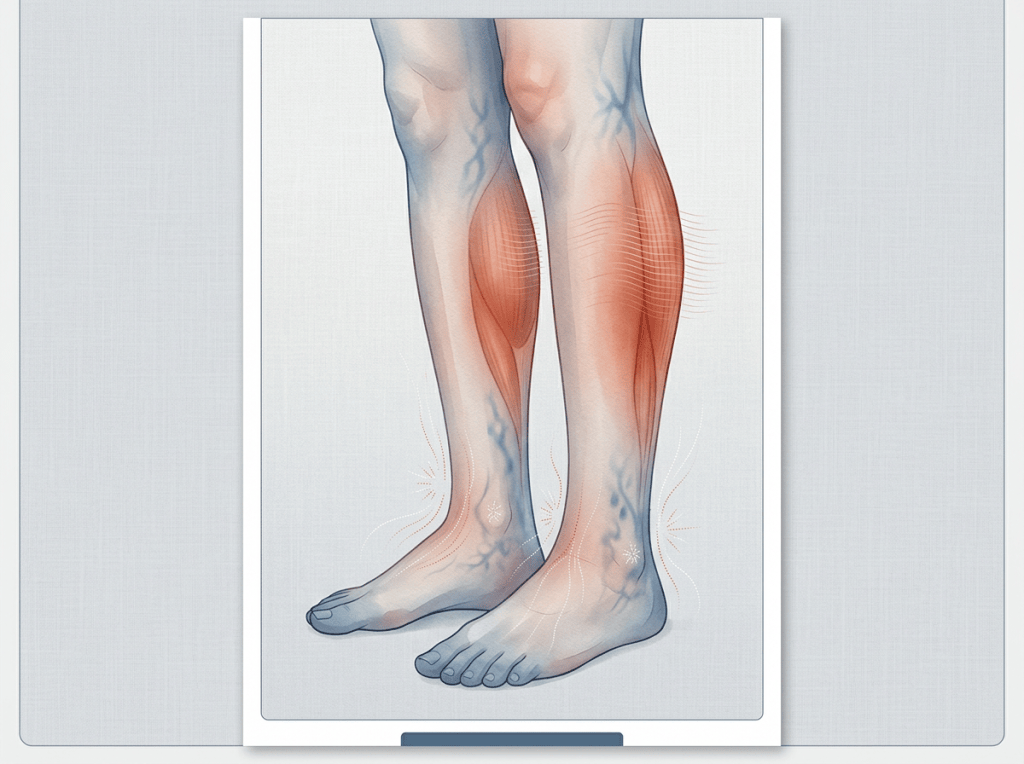 Anatomical illustration of lower legs with highlighted calf and ankle pain areas