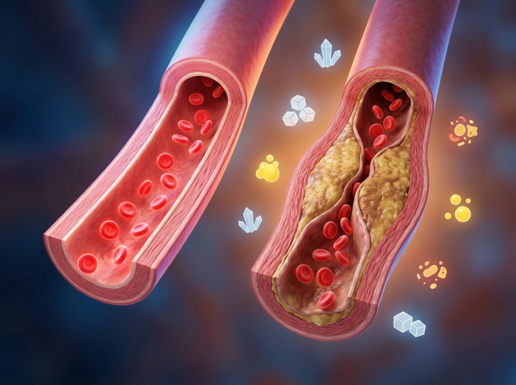Cross-section comparison of a clear artery and a plaque-narrowed artery