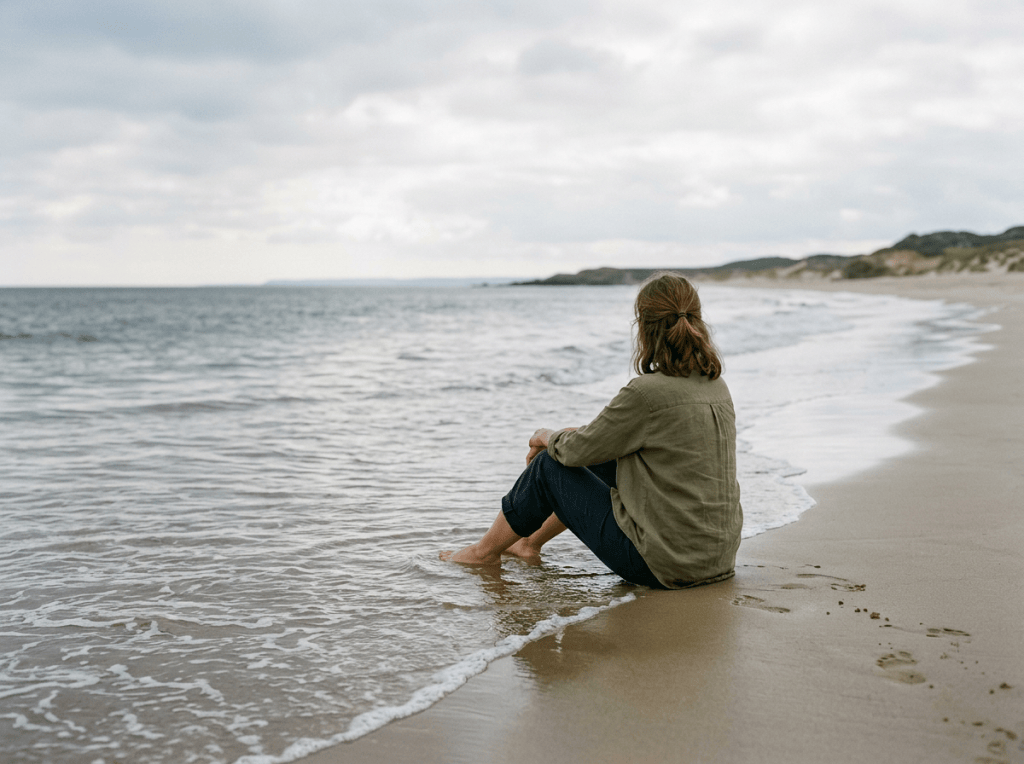 Person sitting barefoot on quiet beach