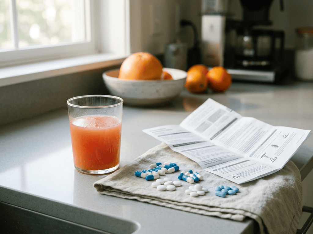 Medications and instruction leaflet beside citrus juice on a kitchen counter