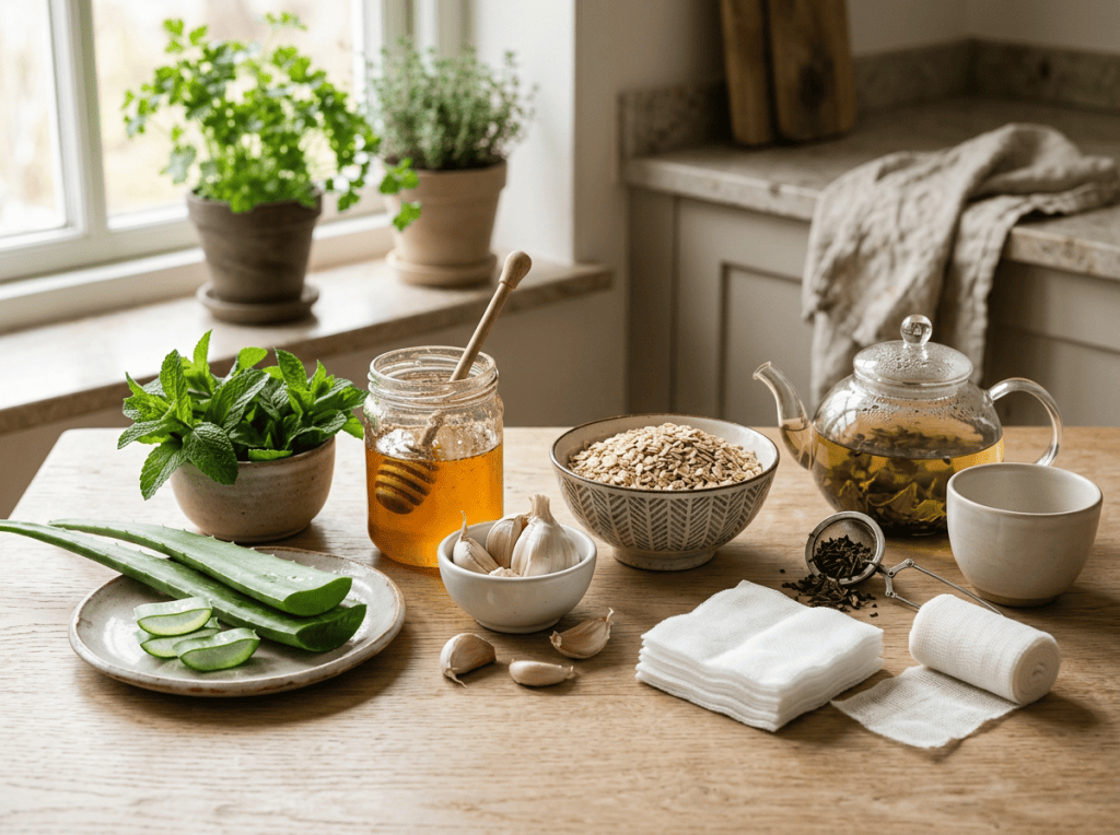 Aloe vera, mint, honey, garlic, grains, herbal tea, and cloths on a wooden table