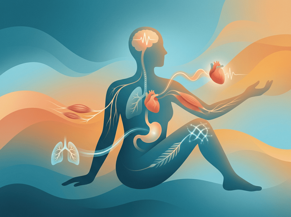 Stylized human figure showing interconnected brain, heart, lungs, muscles, and digestive organs