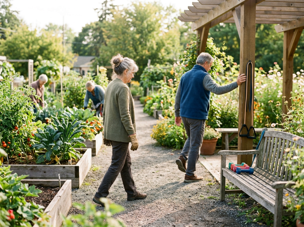 Older adults walking and gardening among raised beds in a community garden