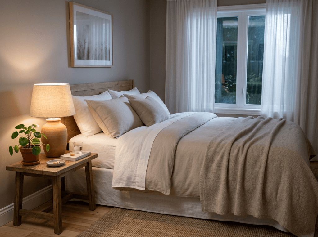 Cozy bedroom with white bedding, bedside lamp, plant, and window