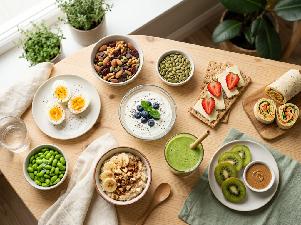 Breakfast spread with eggs, yogurt, fruit, nuts, edamame, toast, and smoothie