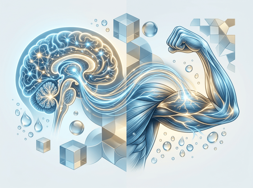 Glowing brain connected to a muscular arm by flowing neural pathways