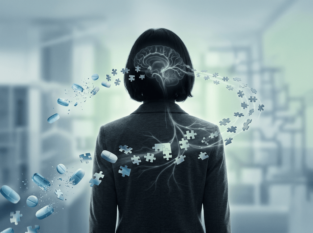 Back view of woman with glowing brain, pills, and puzzle pieces