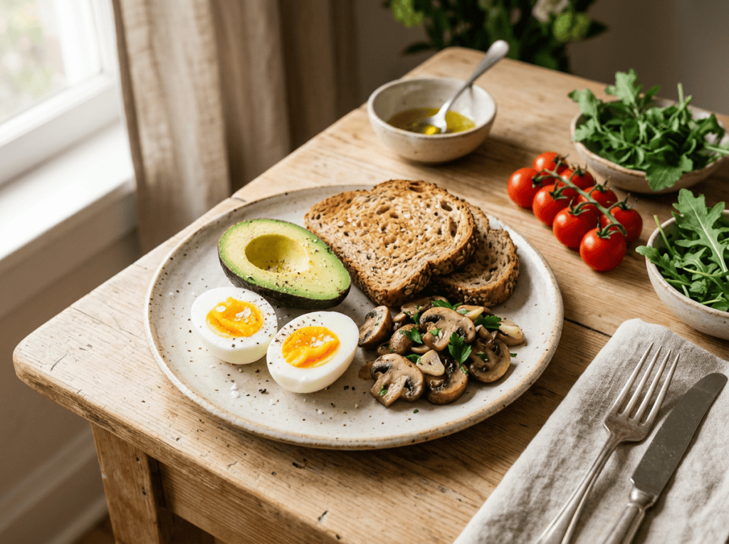Breakfast plate with avocado, eggs, mushrooms, toast, tomatoes, and greens