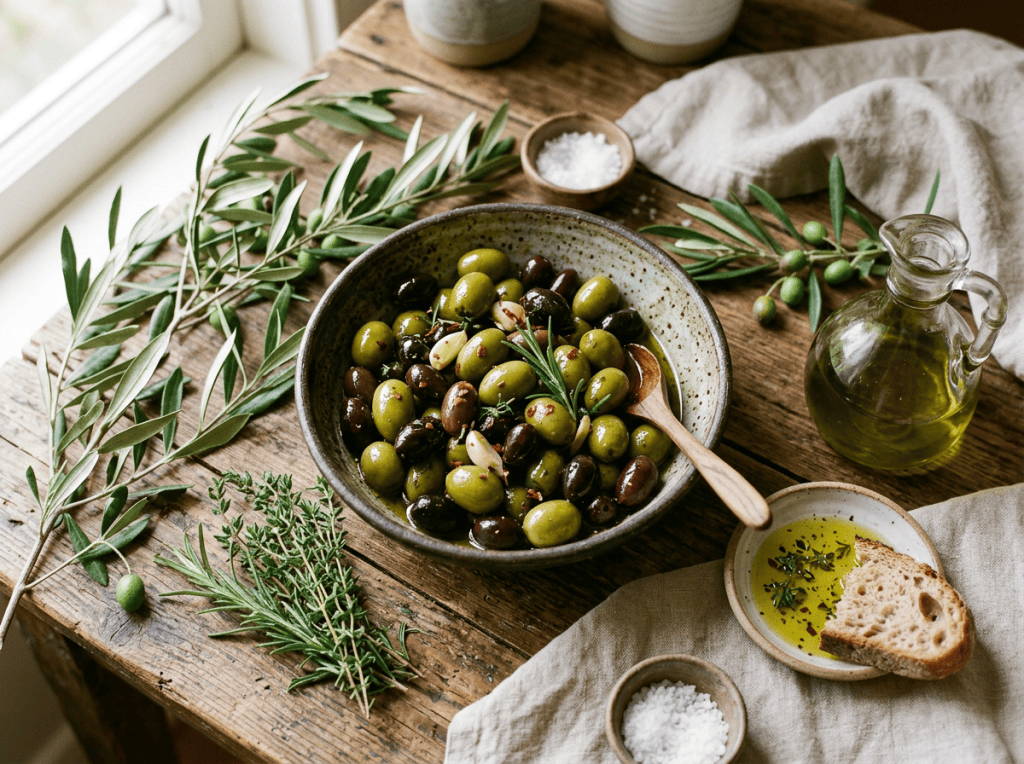 Bowl of mixed olives with herbs, olive oil, salt, and bread