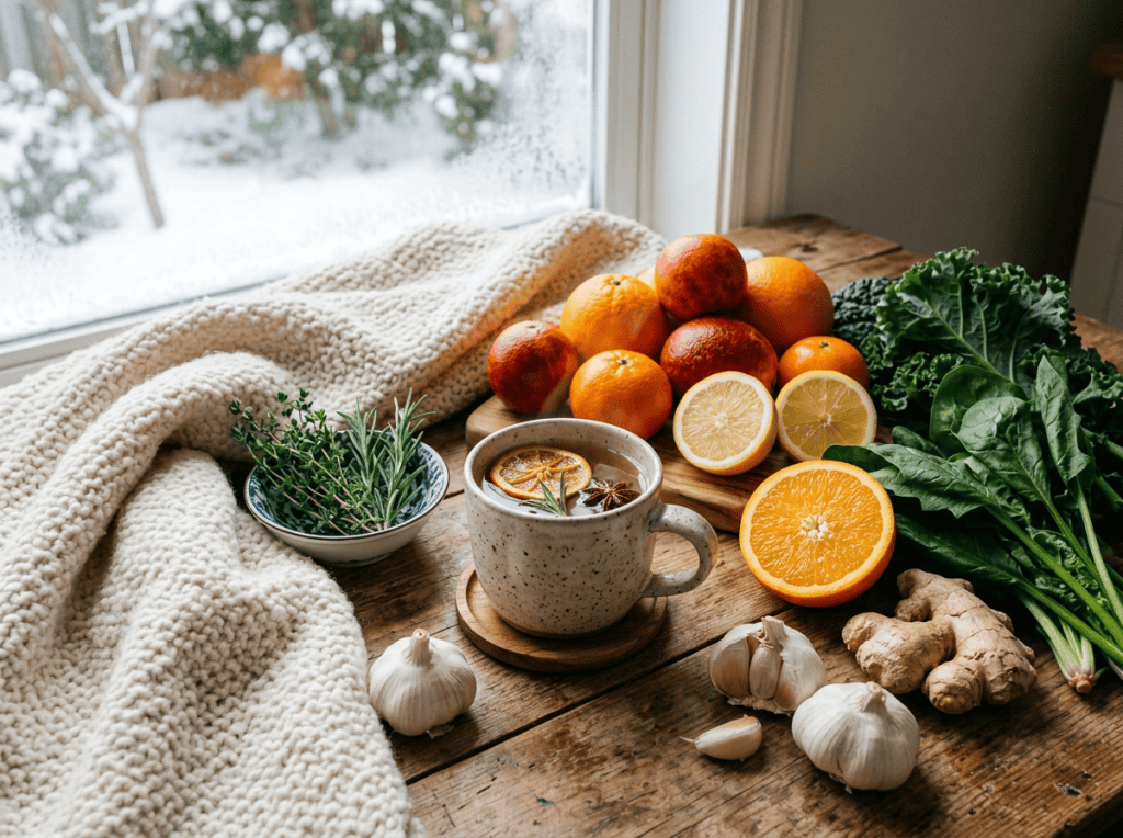 Citrus fruits, leafy greens, herbs, ginger, garlic, and spiced tea on a wooden table