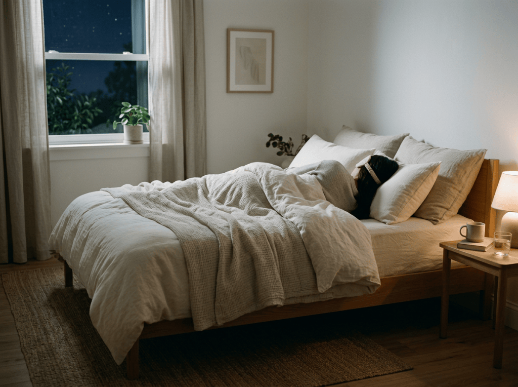 Cozy bedroom with person sleeping under white bedding at night