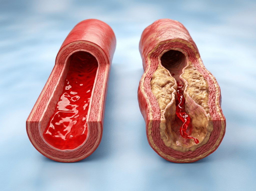 Cross-sections of a healthy artery and an artery narrowed by plaque