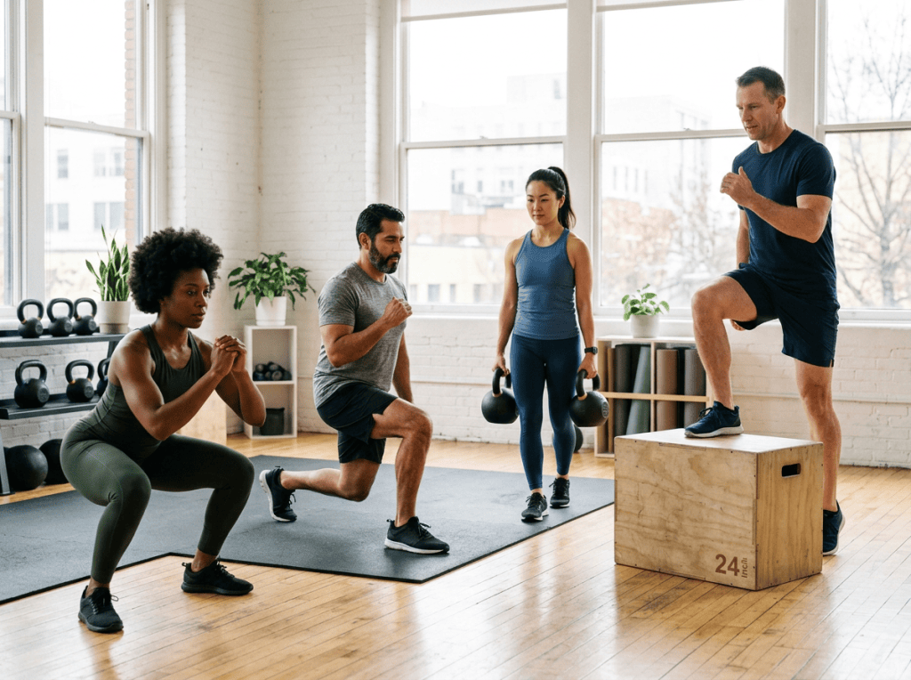 Four adults exercising with kettlebells and a plyometric box in a gym