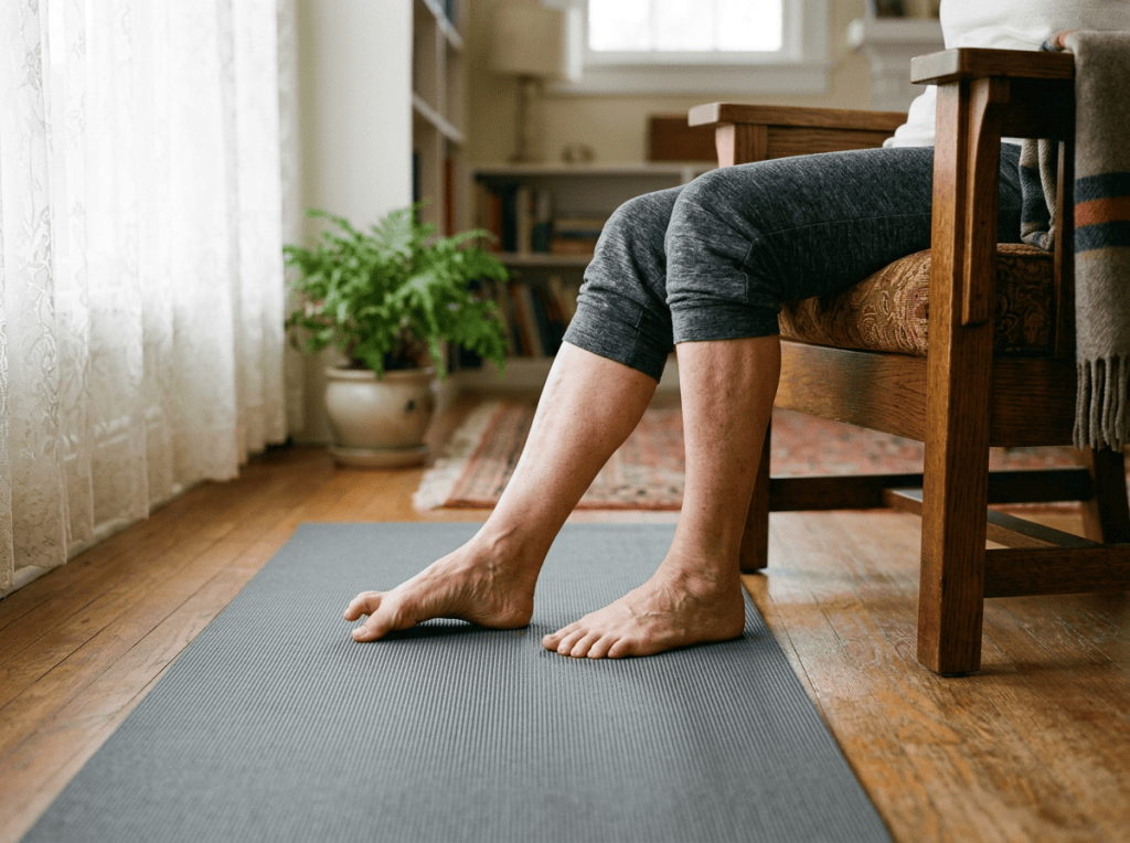 Person performing a seated calf stretch beside a chair