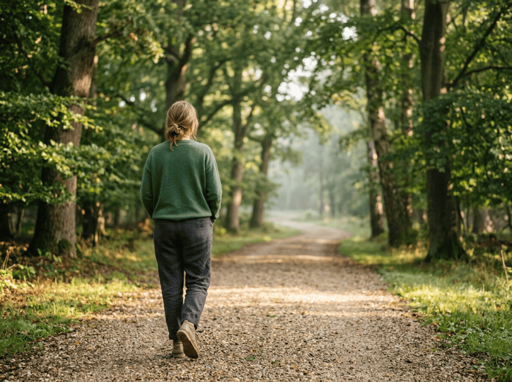Person walking along a gravel path through a sunlit forest