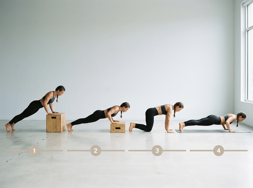 Four numbered stages demonstrating progression from elevated to full push-ups