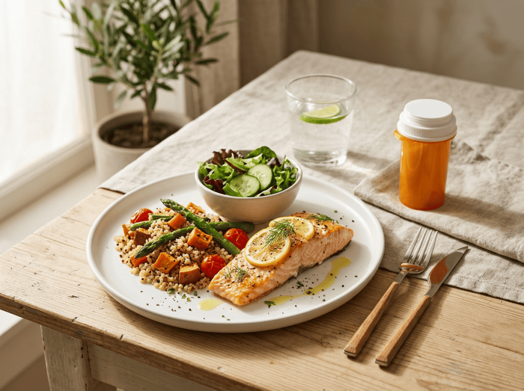 Grilled salmon with couscous, vegetables, salad, lemon water, and prescription bottle